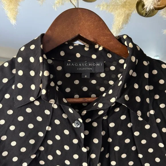 Magaschoni Black and Tan Polka Dot Button Up Long Sleeve Lightweight Blouse - Picture 3 of 8